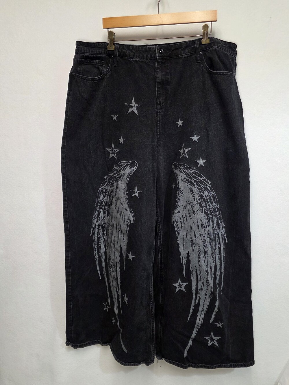 Hot Topic Wing & Star Print Black Wide Leg Jeans Womens Size 22 100% Cotton - Picture 3 of 12